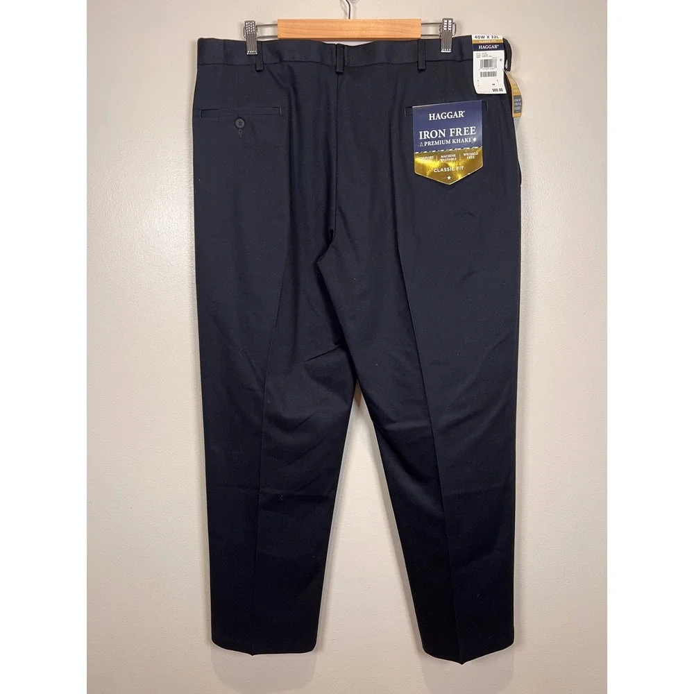 NWT Haggar Iron Free Premium Khaki Pants Mens 40x32 Black Classic Fit Stretch